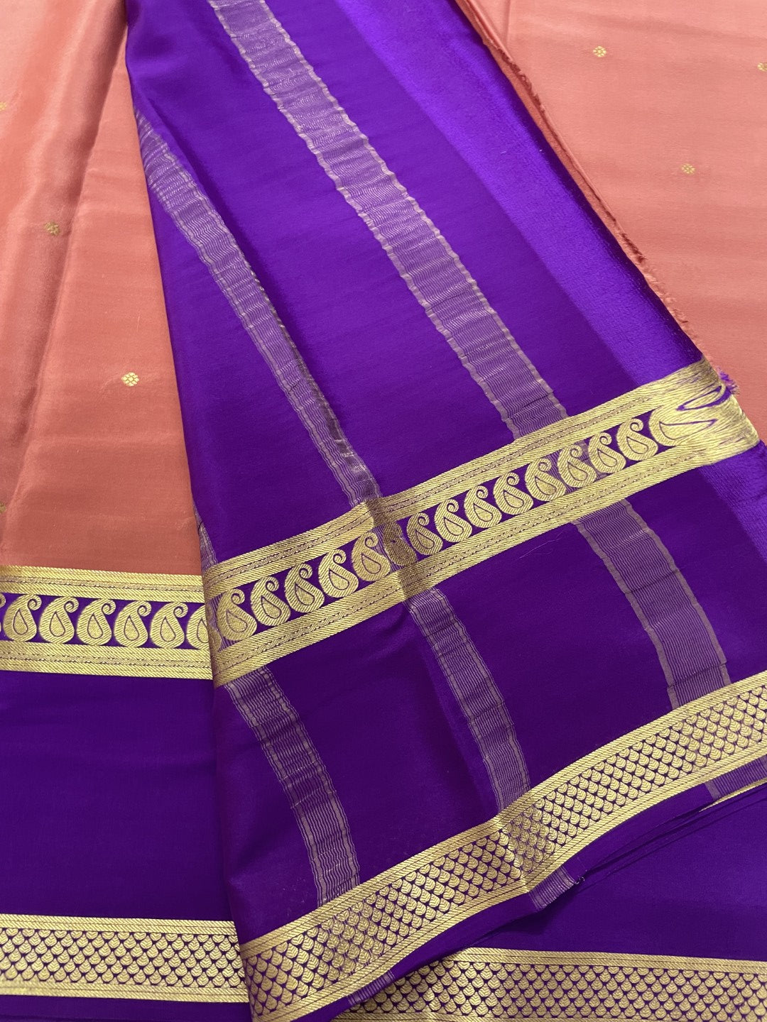 Peach N Blue Pure Mysore Crepe Silk Saree