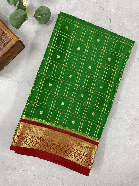 Green N Maroon Checks Pure Mysore Crepe Silk Saree