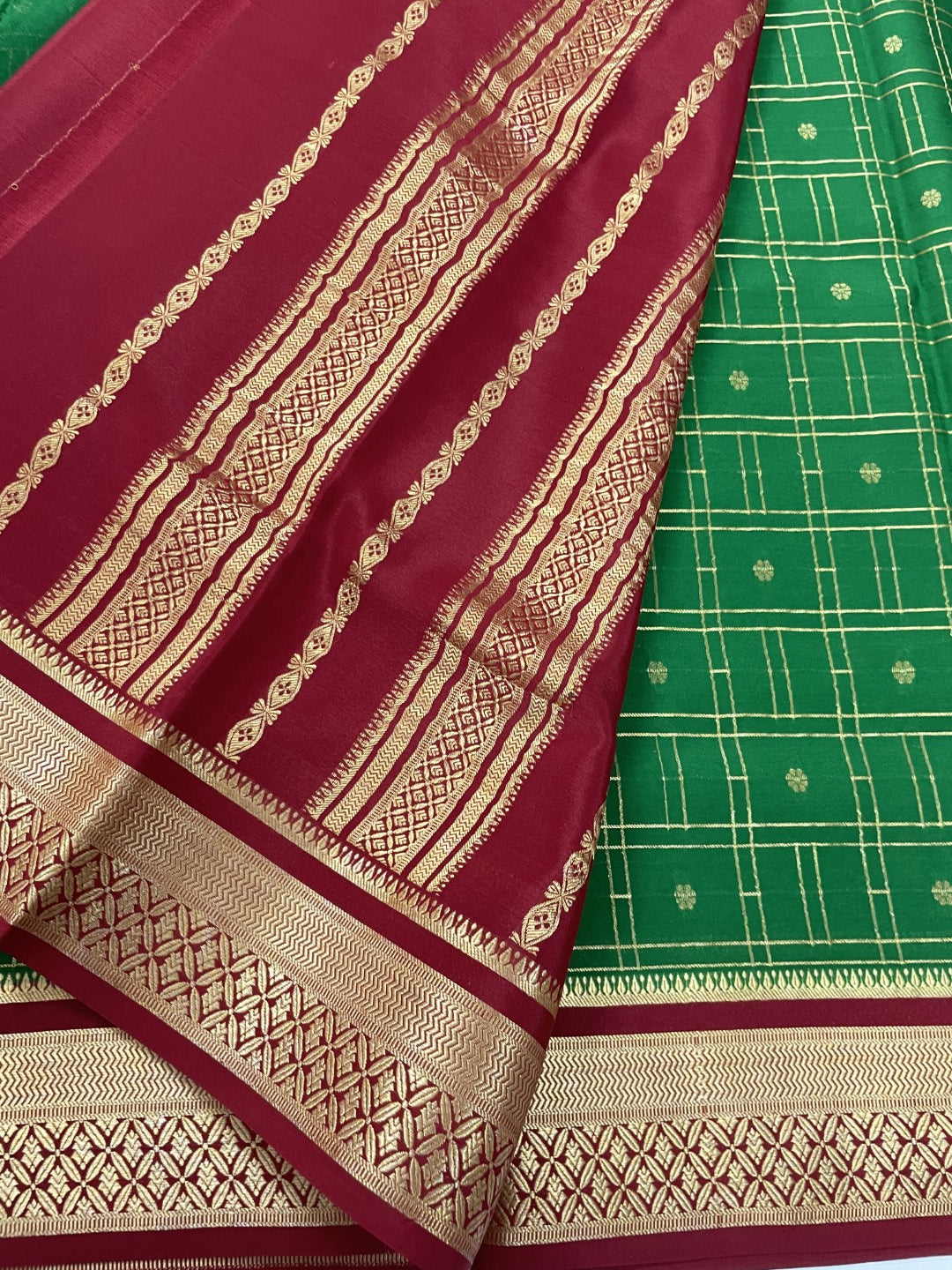 Green N Maroon Checks Pure Mysore Crepe Silk Saree
