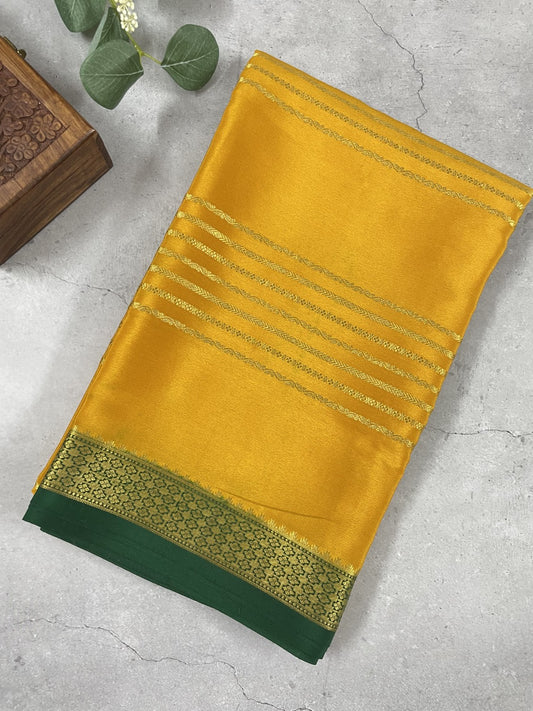Yellow N Green Stripes Pure Mysore Crepe Silk Saree