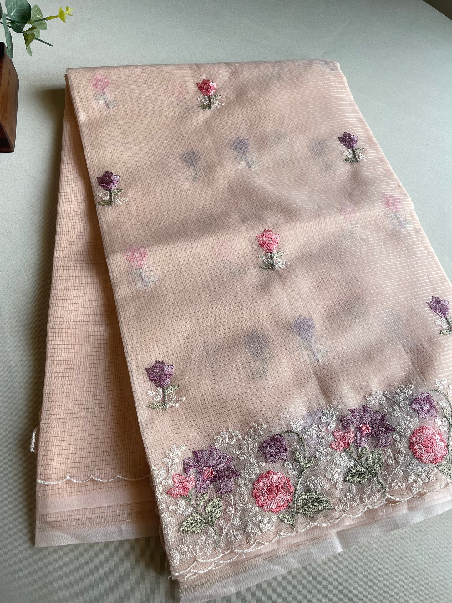 Peach Embroidered Zari Kota Saree