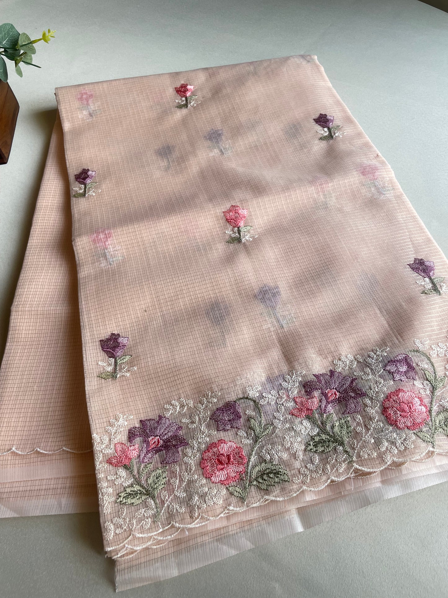 Peach Embroidered Zari Kota Saree