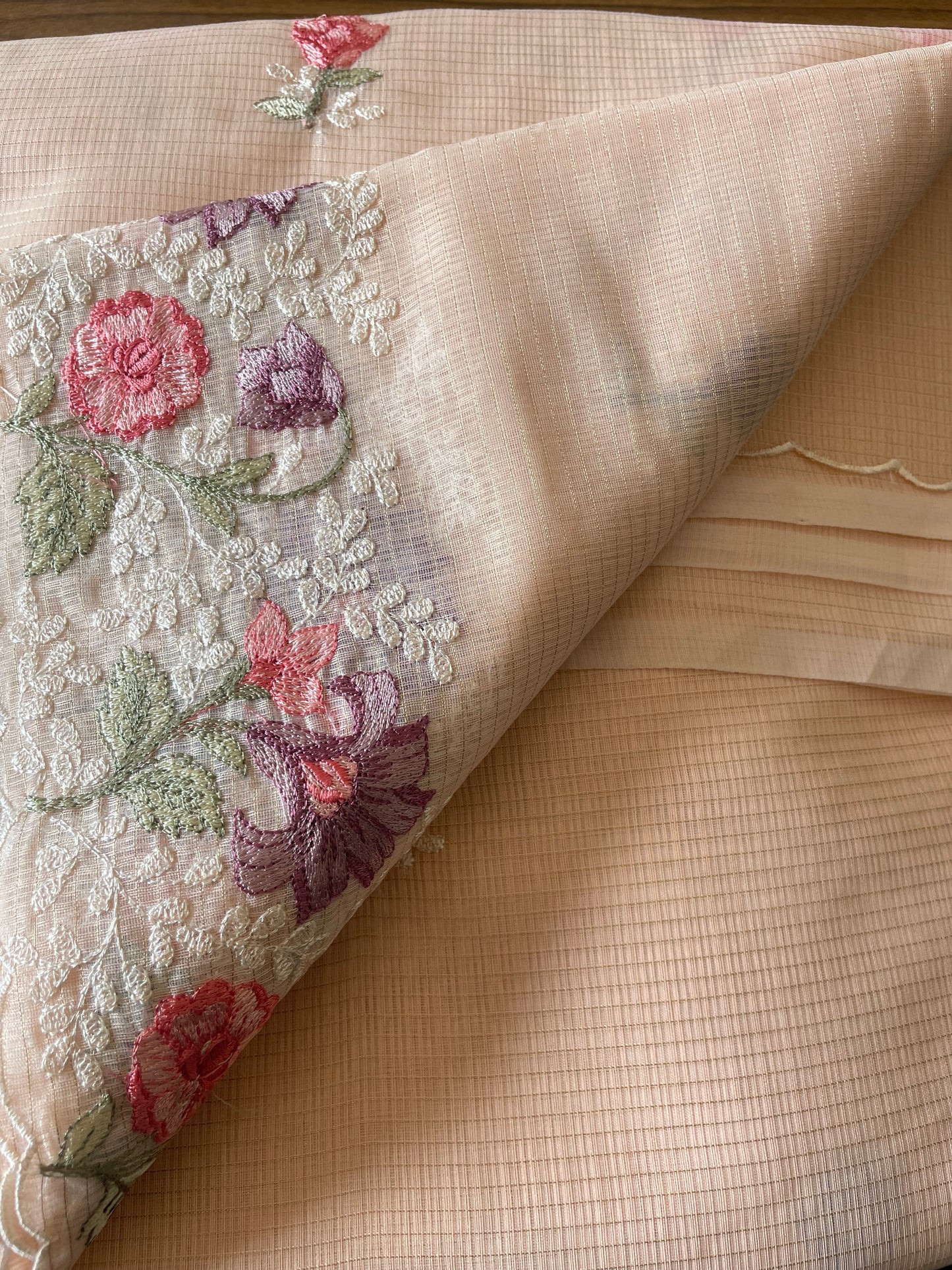 Peach Embroidered Zari Kota Saree