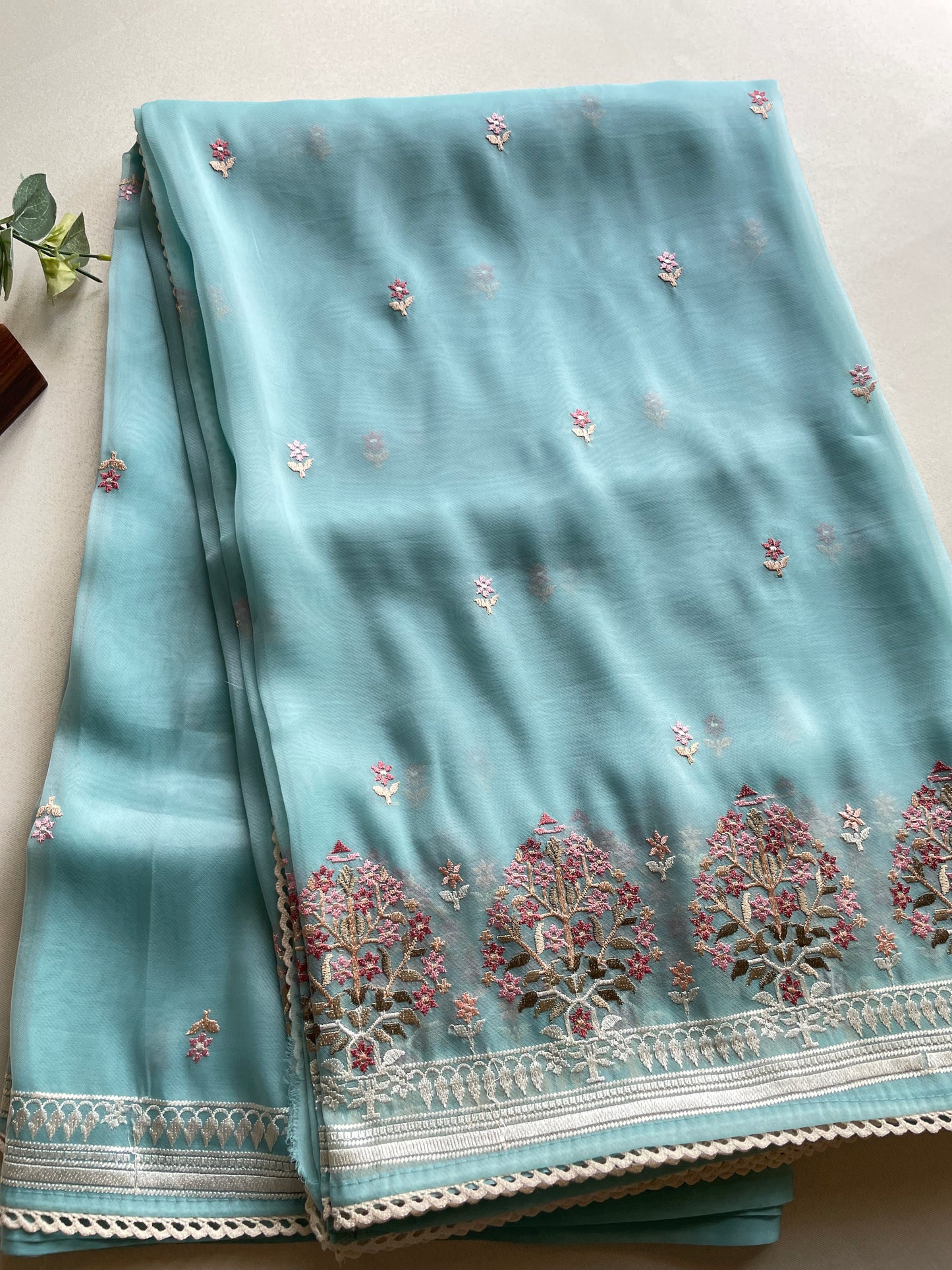 Blue Multi Embroidered Organza Saree