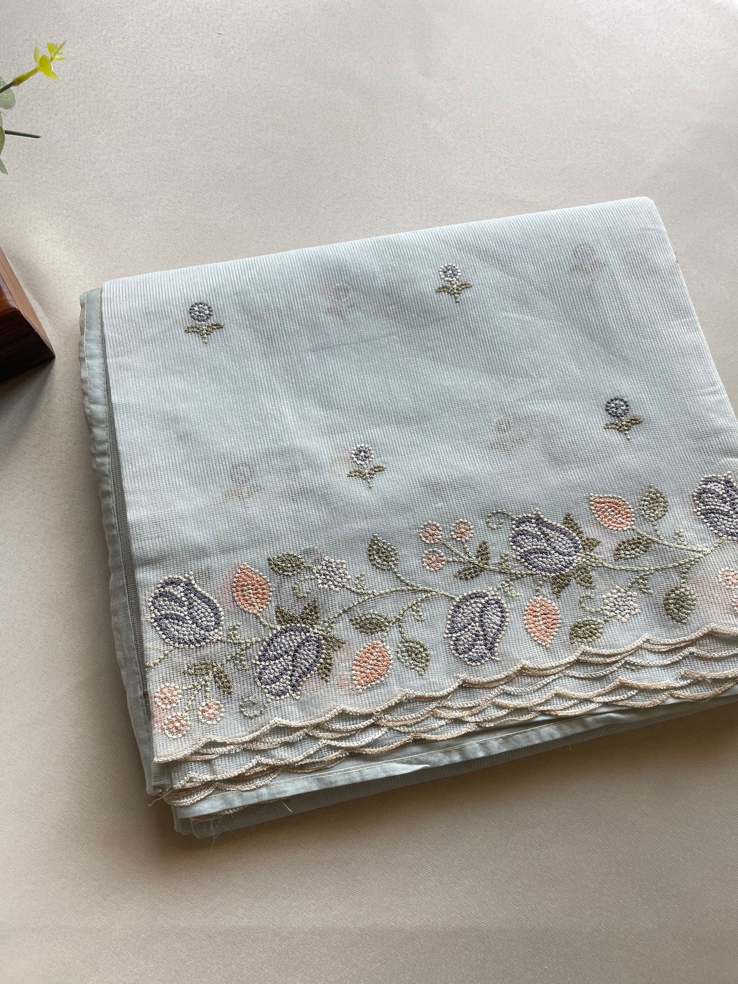 Light Blue Scallop Embroidered Kota Saree