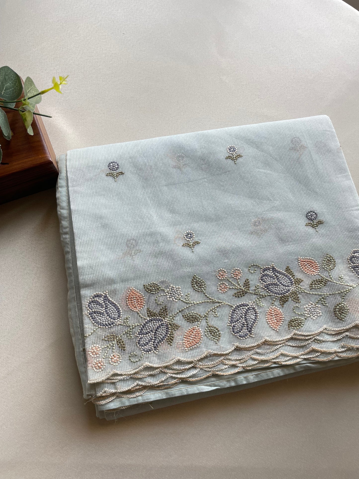 Light Blue Scallop Embroidered Kota Saree