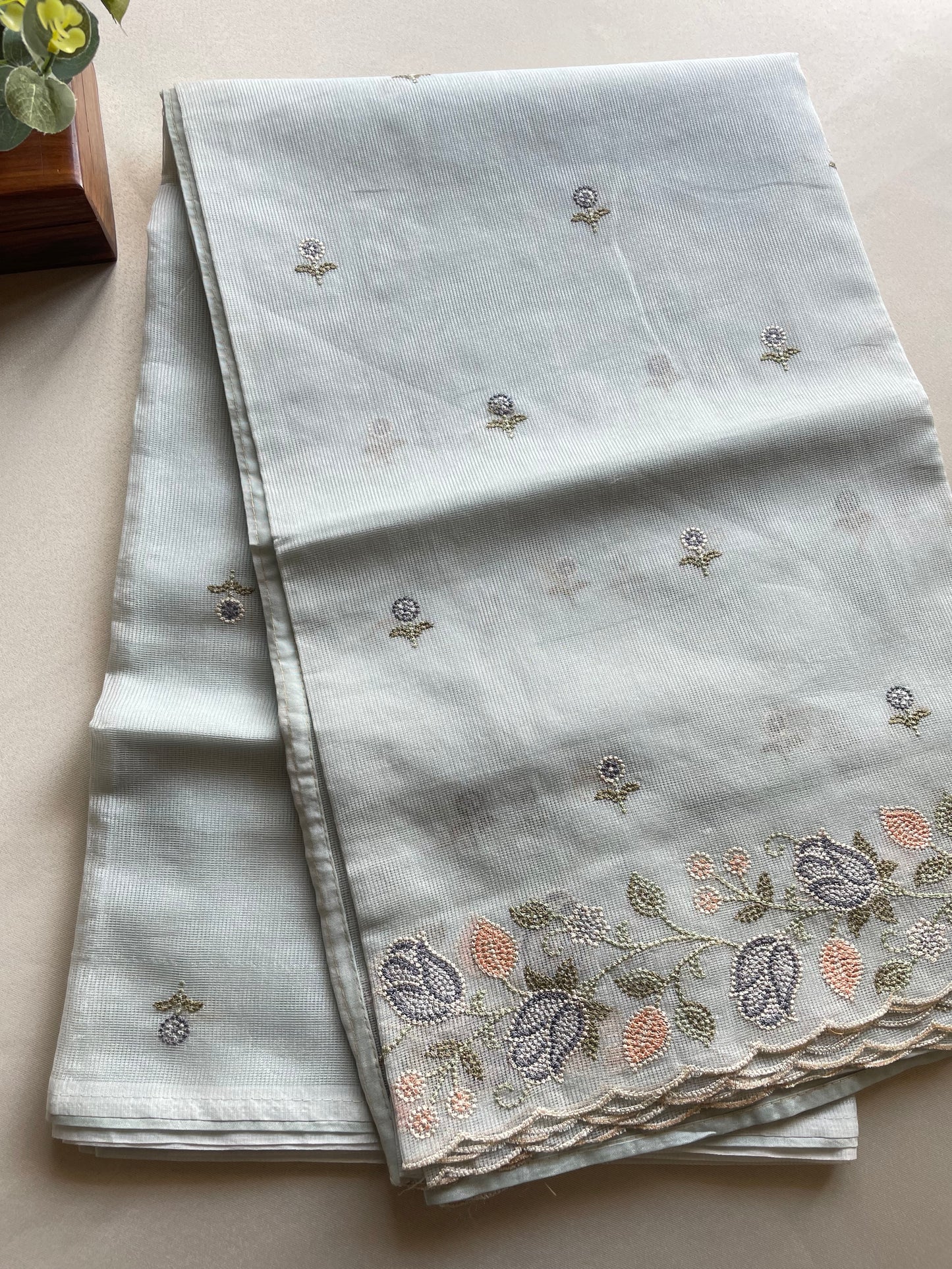 Light Blue Scallop Embroidered Kota Saree