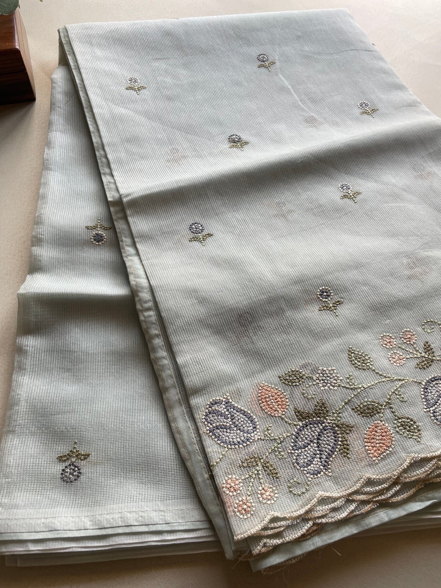 Light Blue Scallop Embroidered Kota Saree