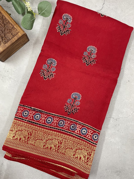 Red Ajrakh Dola Silk Saree