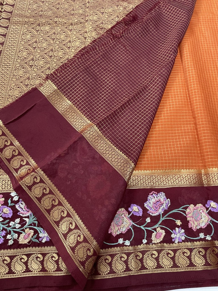 Rust Embroidered Semi Crepe Georgette Saree
