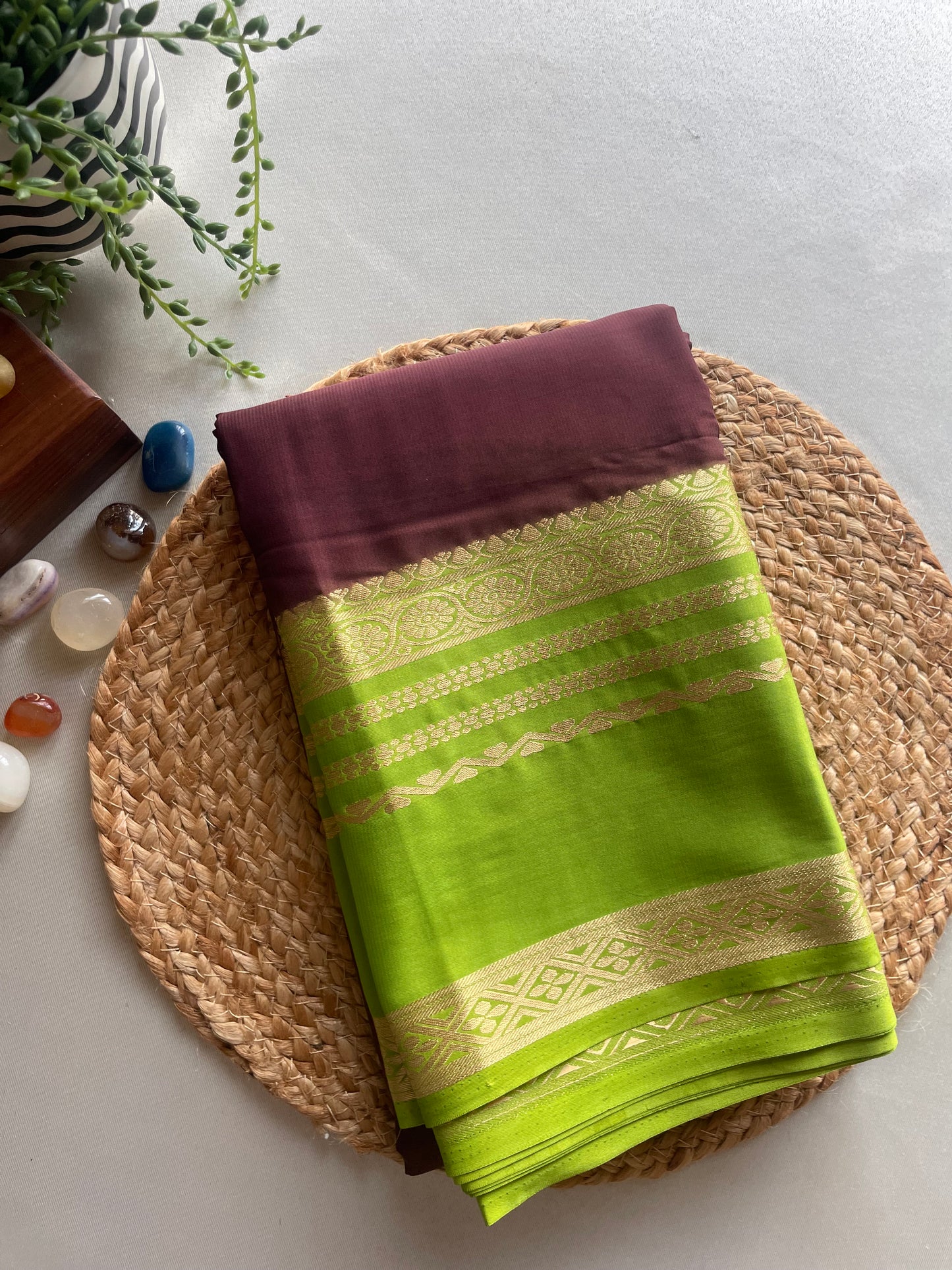 Coffee Brown and Green Semi Mysore Silk Saree