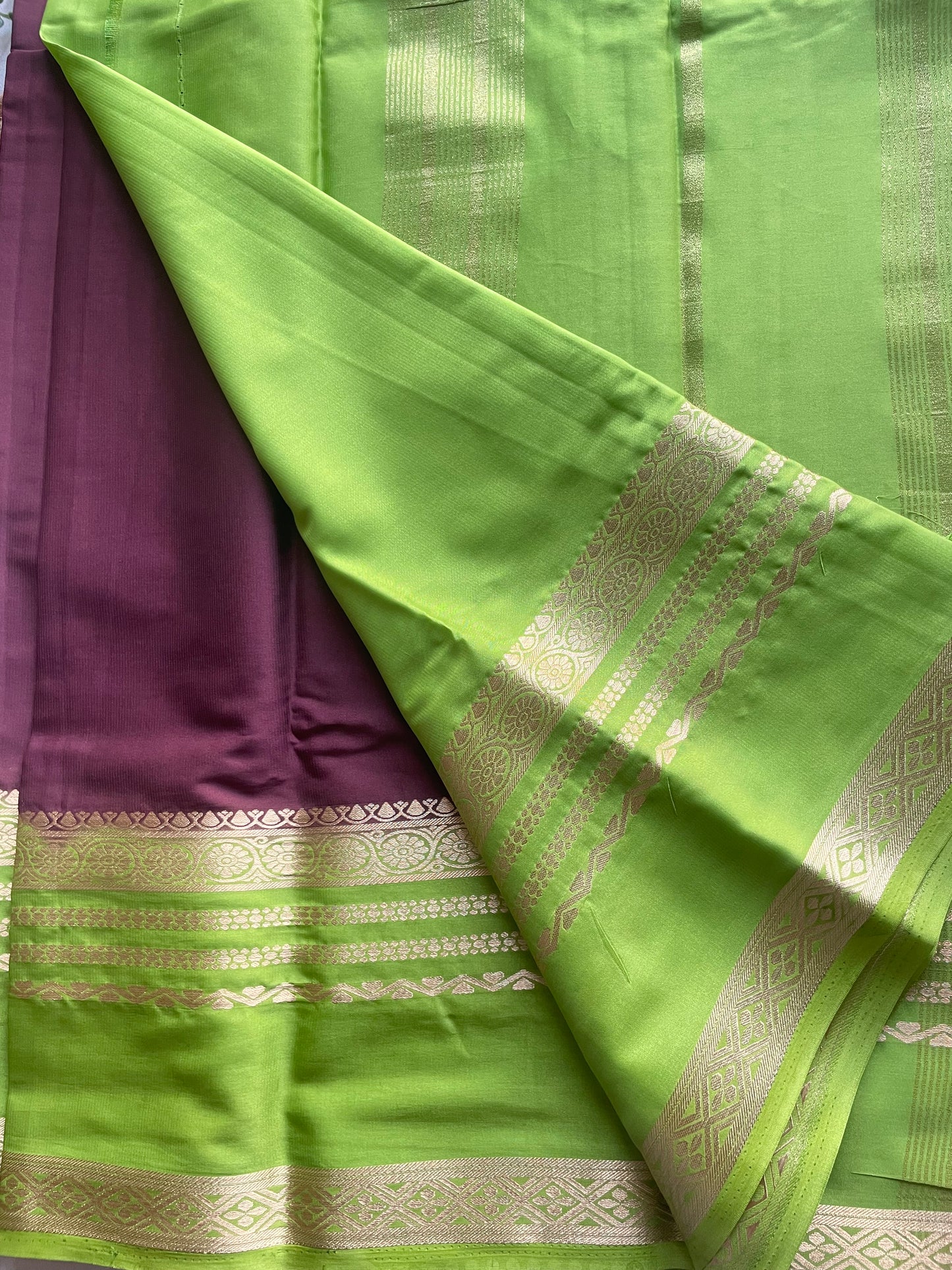 Coffee Brown and Green Semi Mysore Silk Saree
