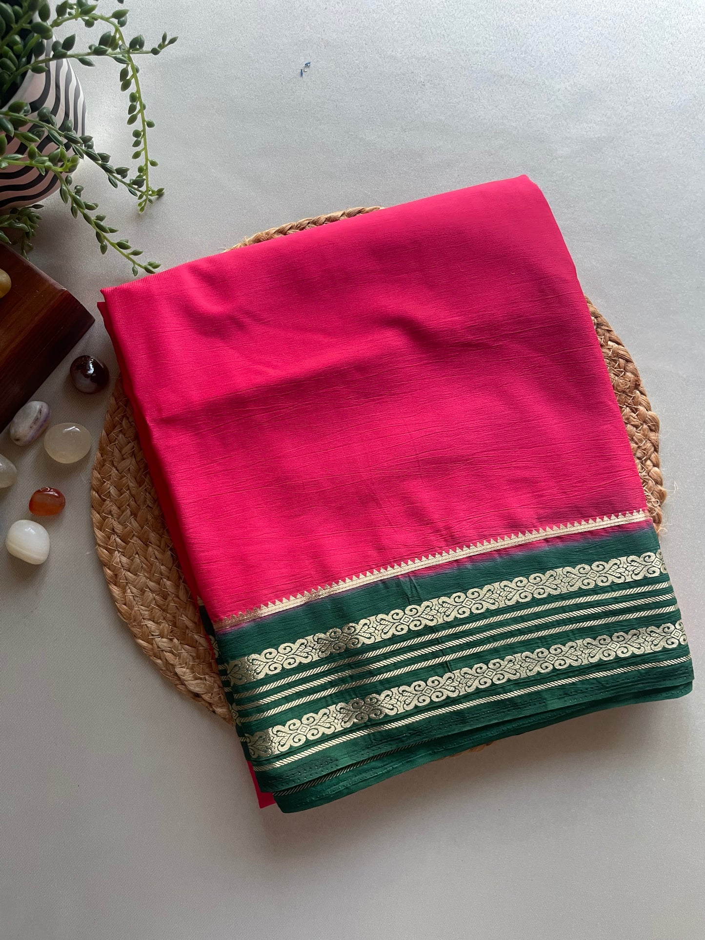 Red and Green Semi Mysore Silk Saree