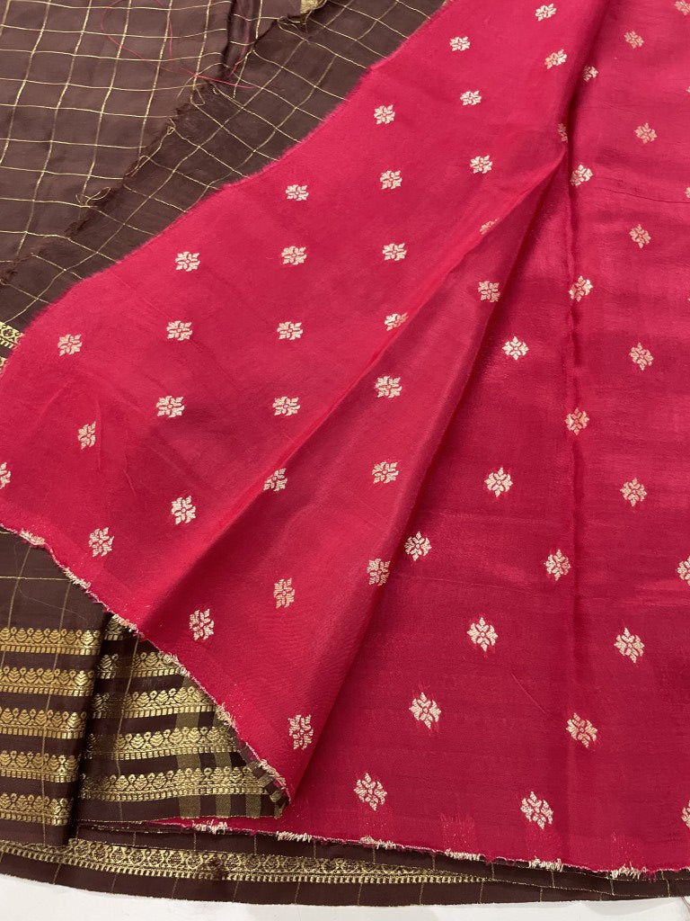 Brown Checkered Viscose Crepe Silk Saree