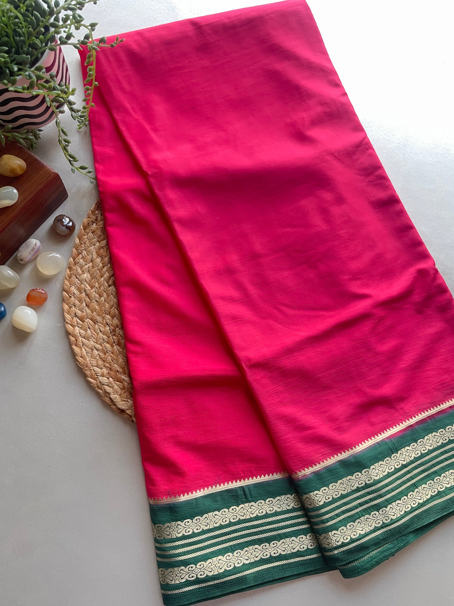 Red and Green Semi Mysore Silk Saree