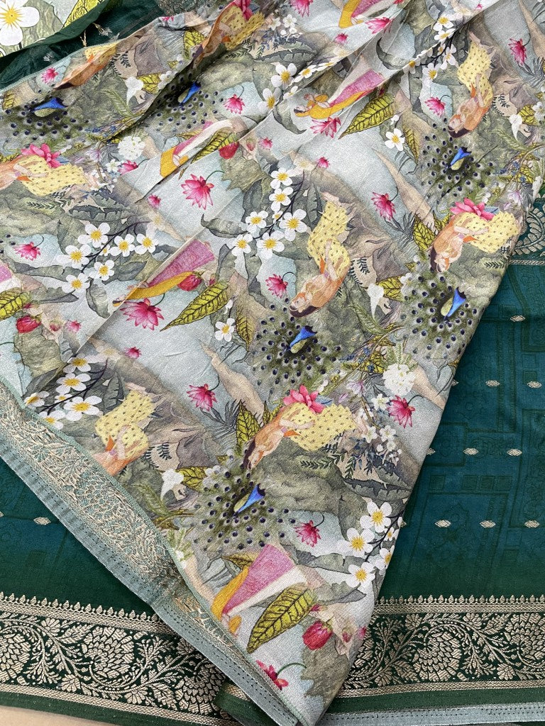 Green Printed Viscose Dola Silk Saree