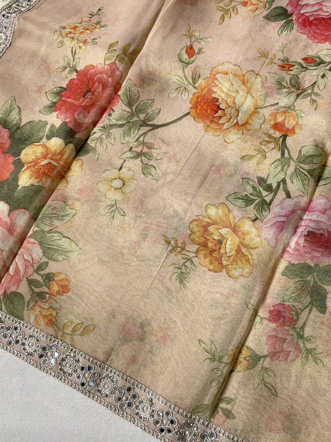 Peach Printed Lace Border Tissue Silk Saree