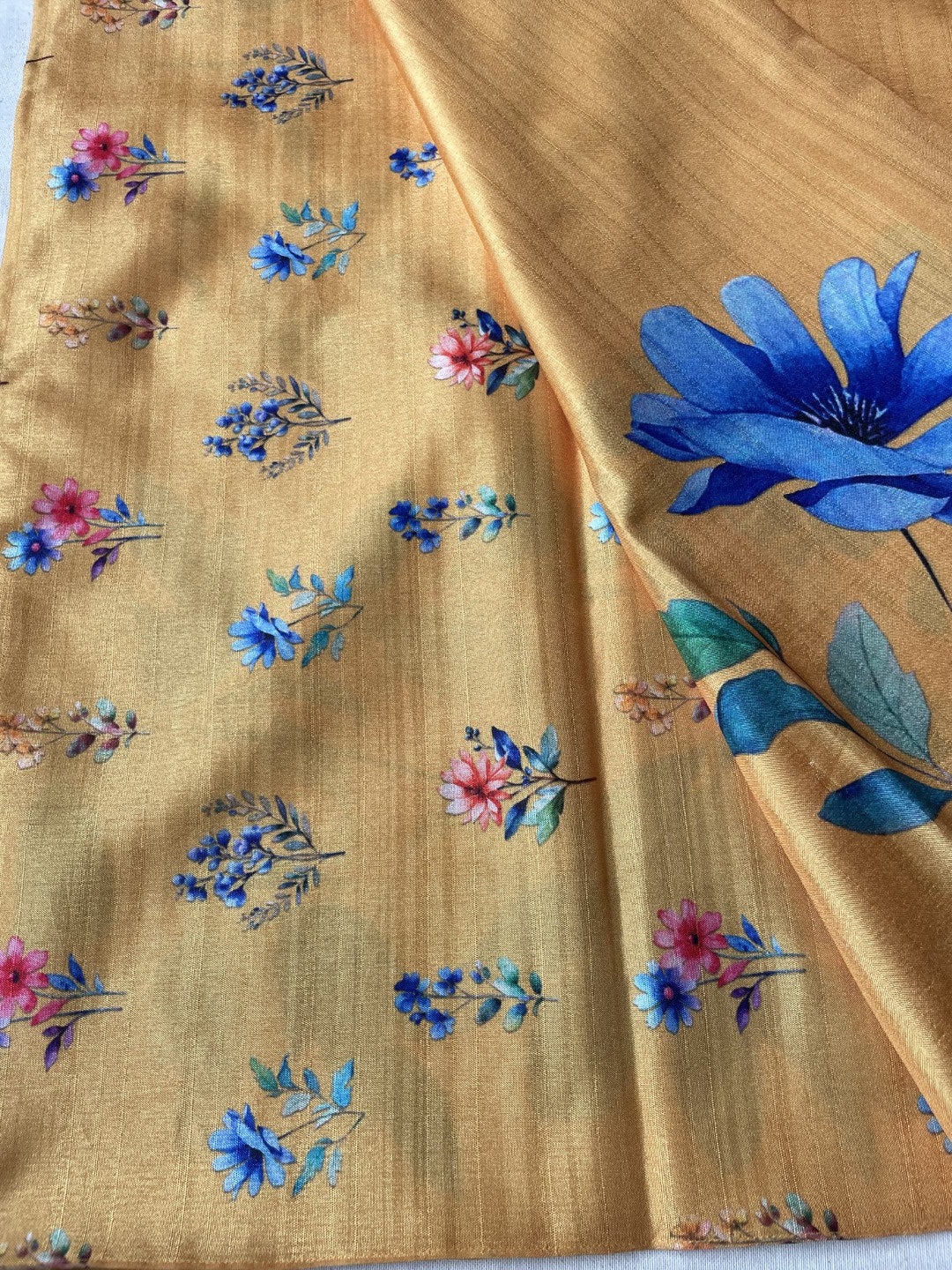 Yellow Floral Printed Semi Tussar Saree
