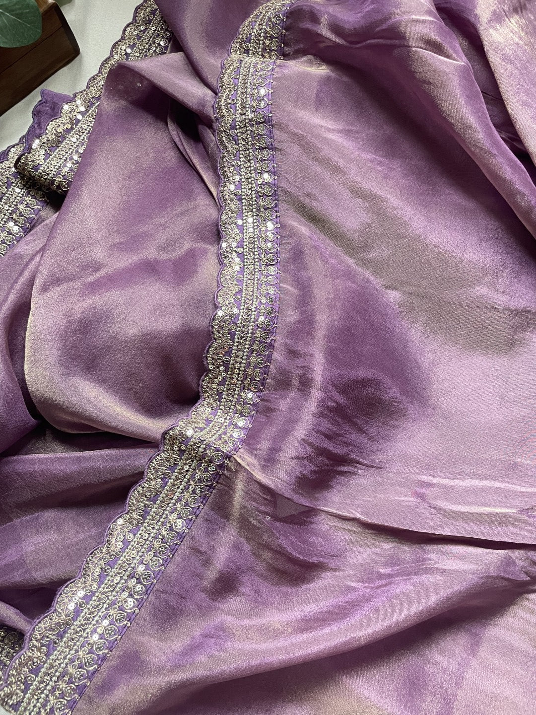 Purple Lace border Tissue Saree