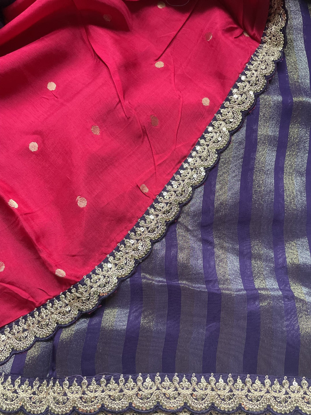 Purple Stripe Lace border Tissue Saree