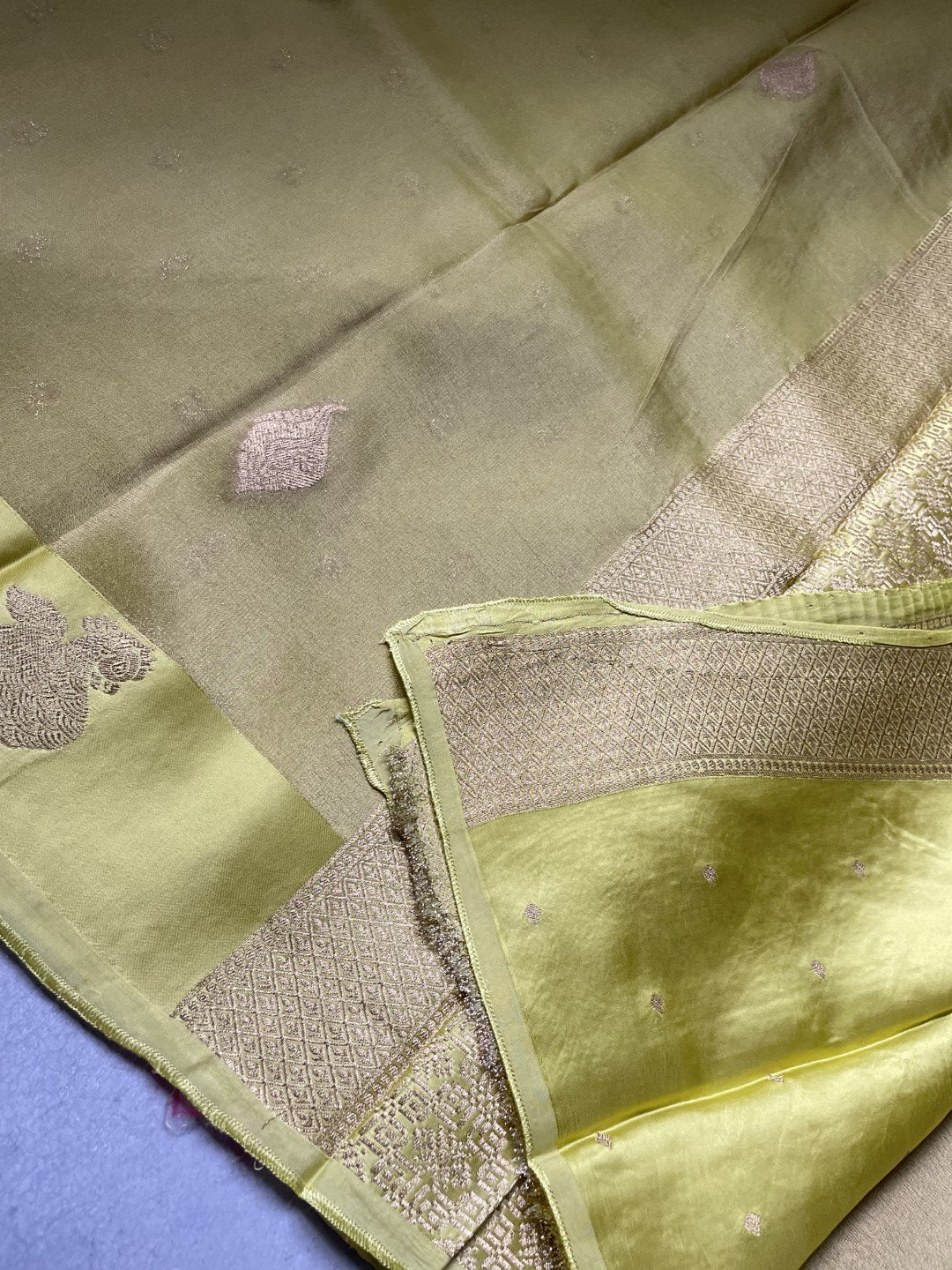 Pista Green Satin Border Tissue Silk Saree