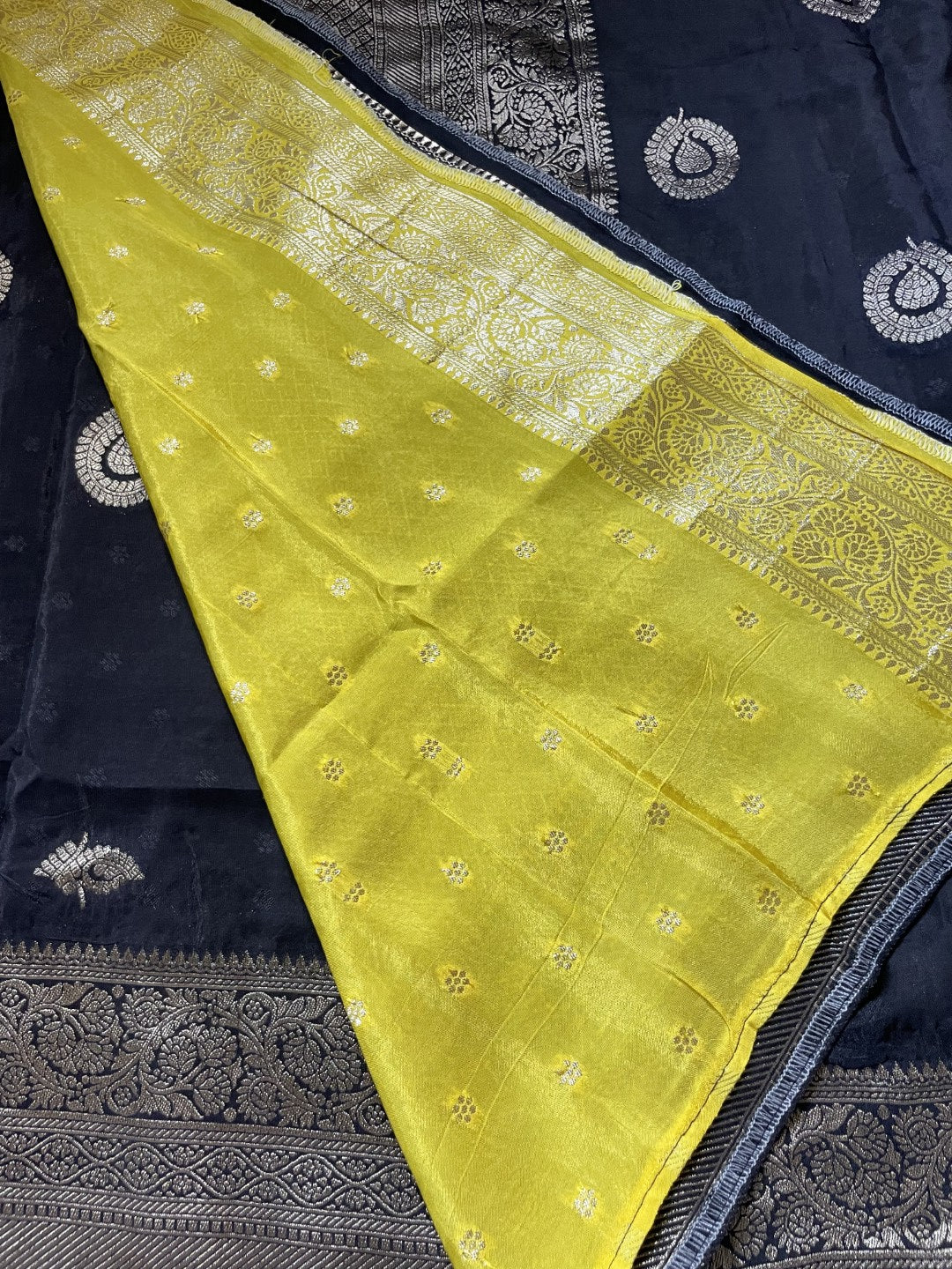 Black N Yellow Satin Crepe(02) Silk Saree