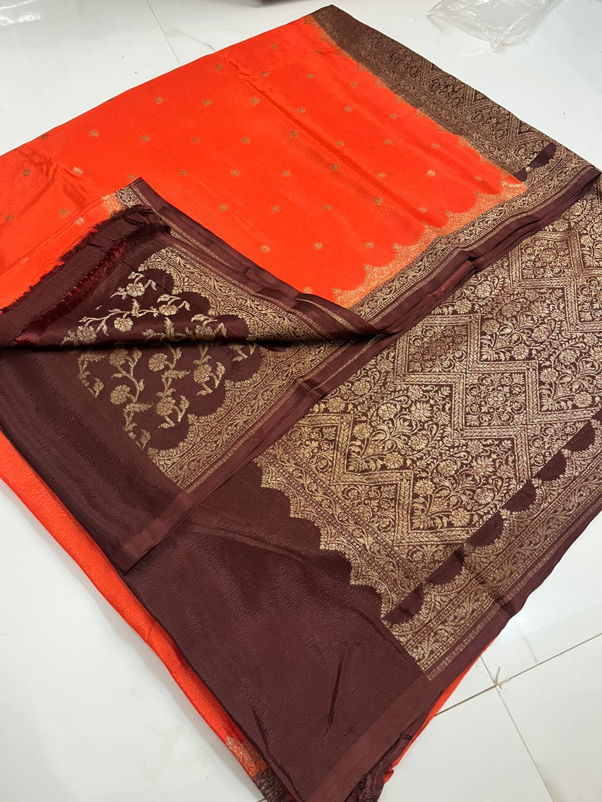 Orange N Brown Scallop Banarasi Pure Crepe Chiffon Saree