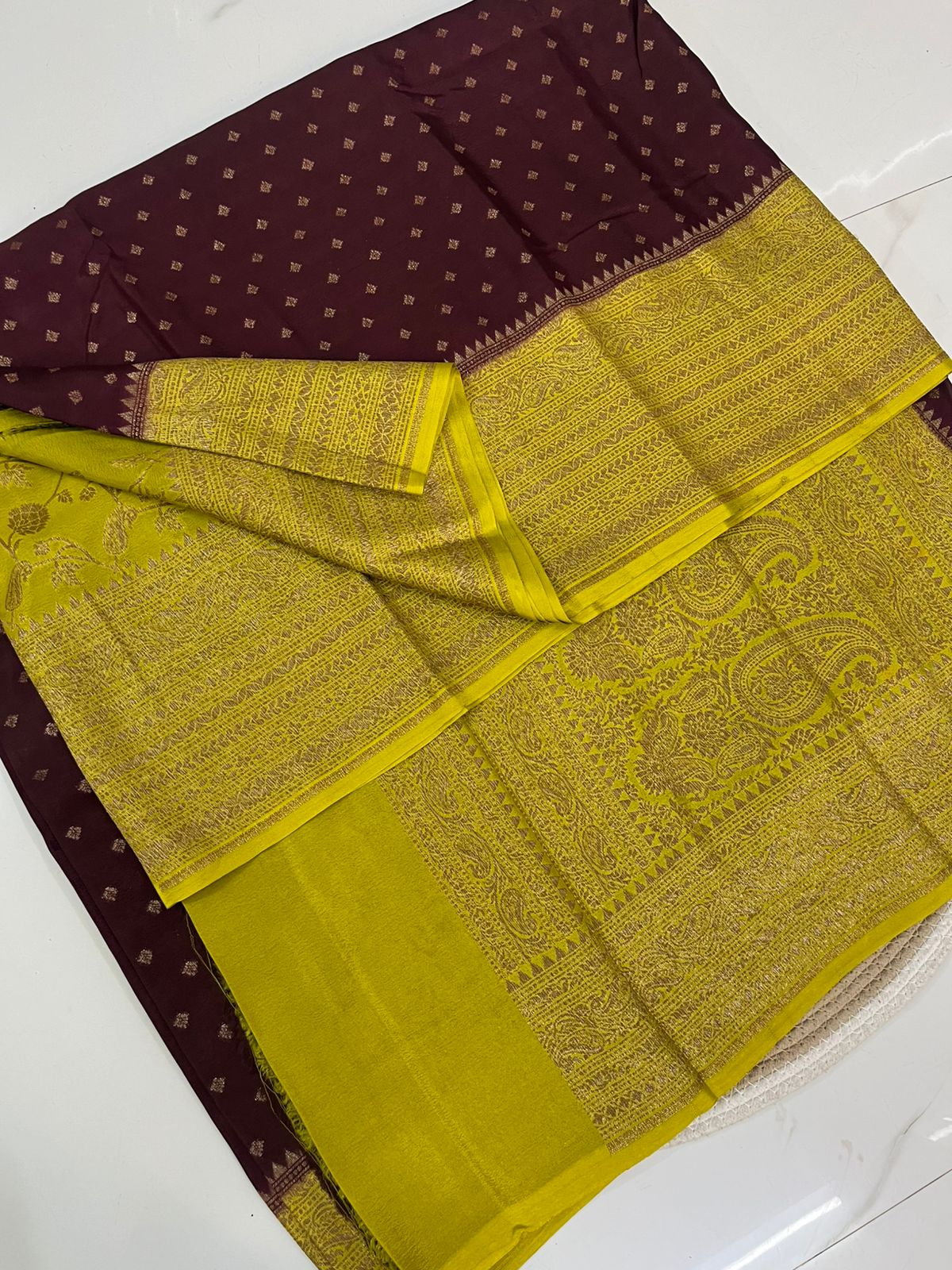 Brown N Yellow Banarasi Pure Crepe Chiffon Saree