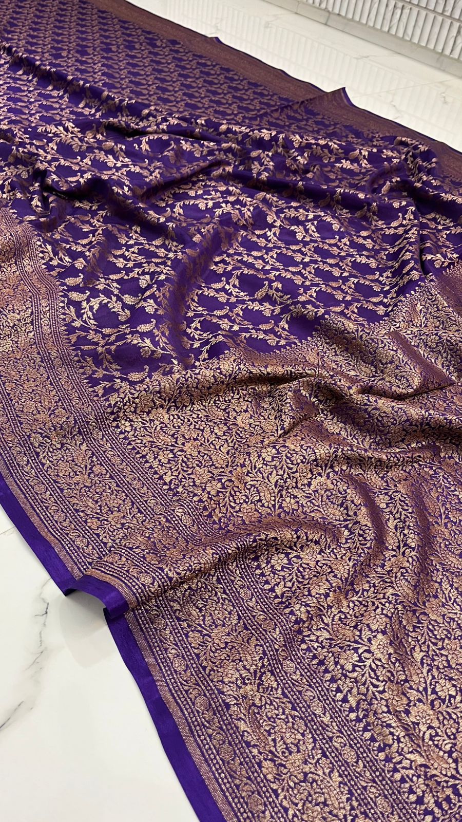 Purple Jaal Banarasi Pure Crepe Chiffon Saree