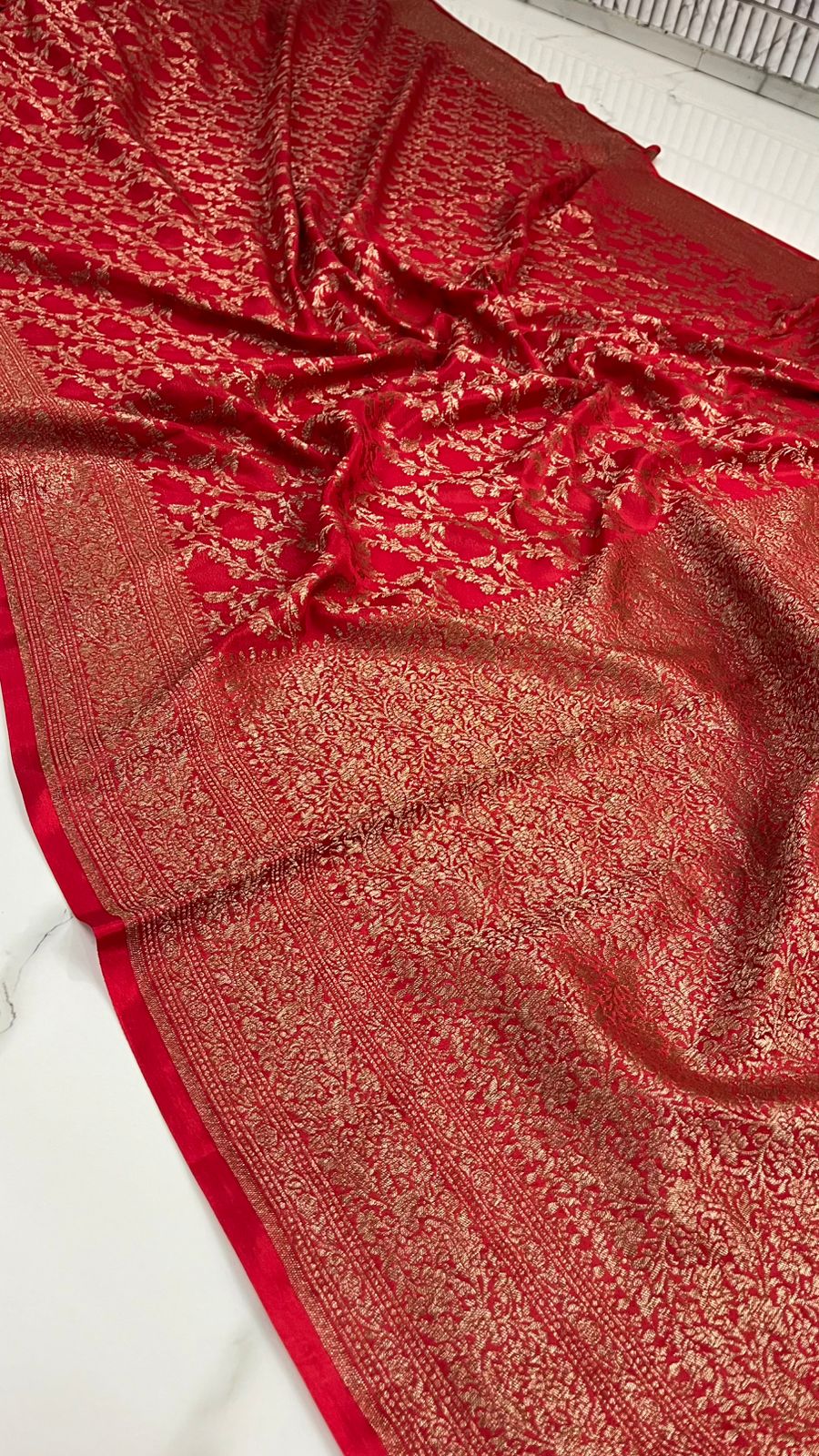 Red Jaal Banarasi Pure Crepe Chiffon Saree
