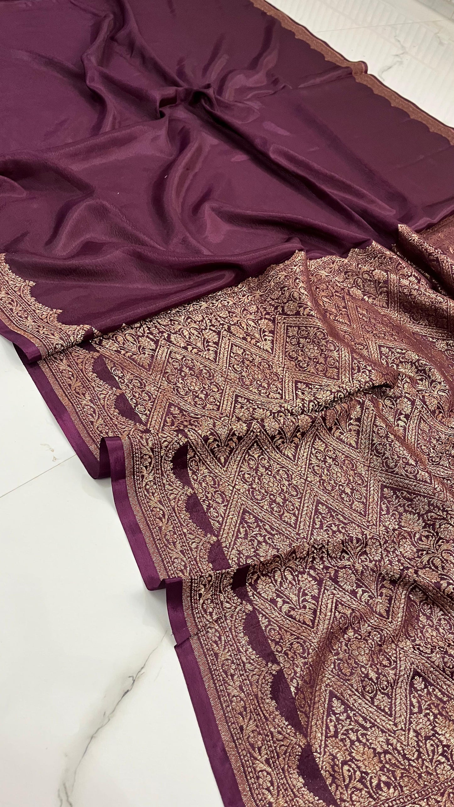Brown Scallop Banarasi Pure Crepe Chiffon Saree