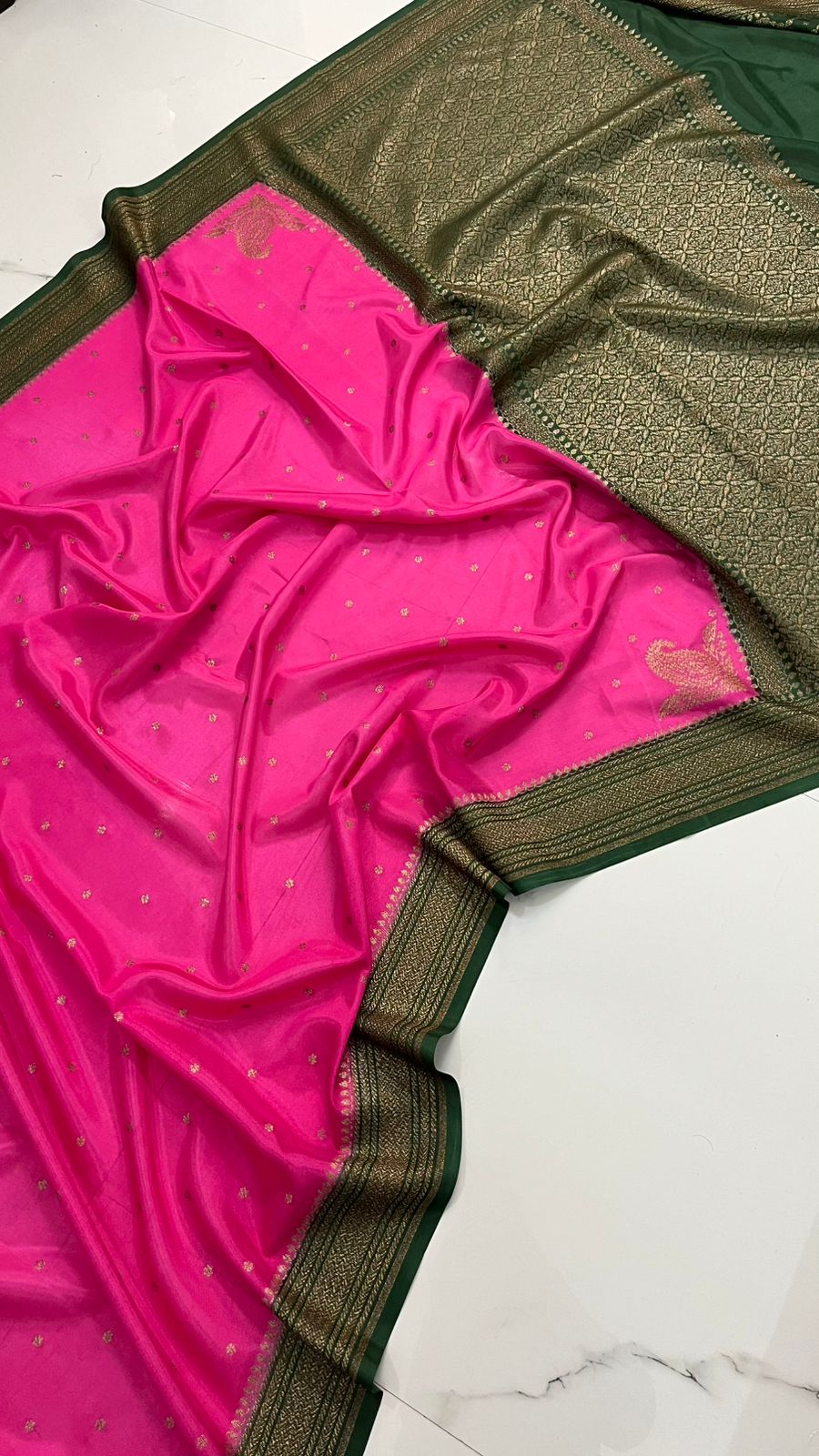 Pink N Green Koniya Banarasi Pure Crepe Chiffon Saree