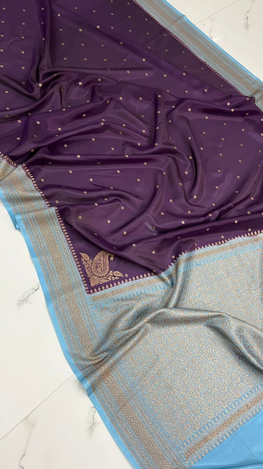 Purple N Blue Koniya Banarasi Pure Crepe Chiffon Saree