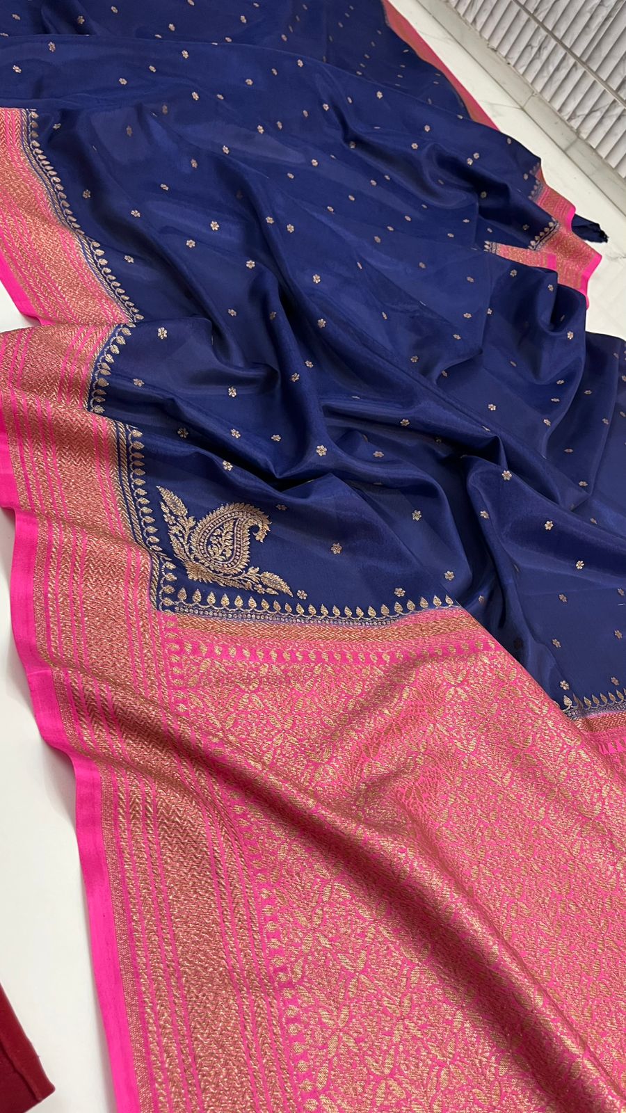 Blue N Pink Koniya Banarasi Pure Crepe Chiffon Saree