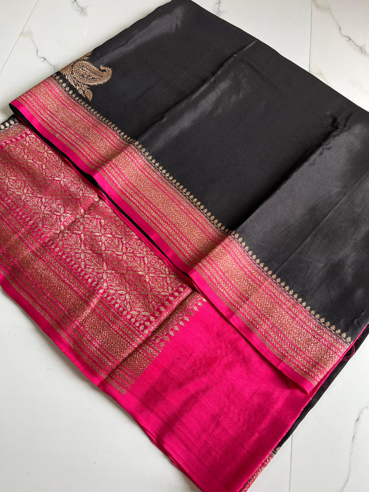 Black N Pink Plain Koniya Banarasi Pure Crepe Chiffon Saree