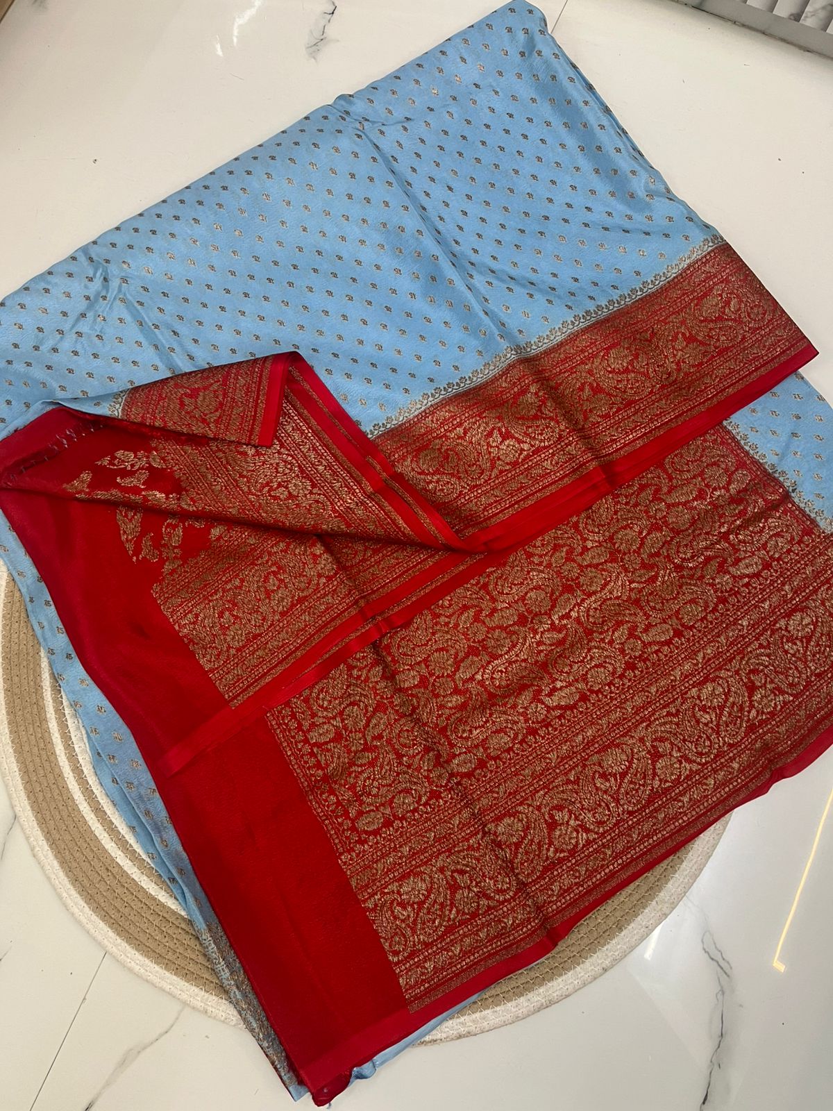 Sky Blue N Red Butta Banarasi Pure Crepe Chiffon Saree