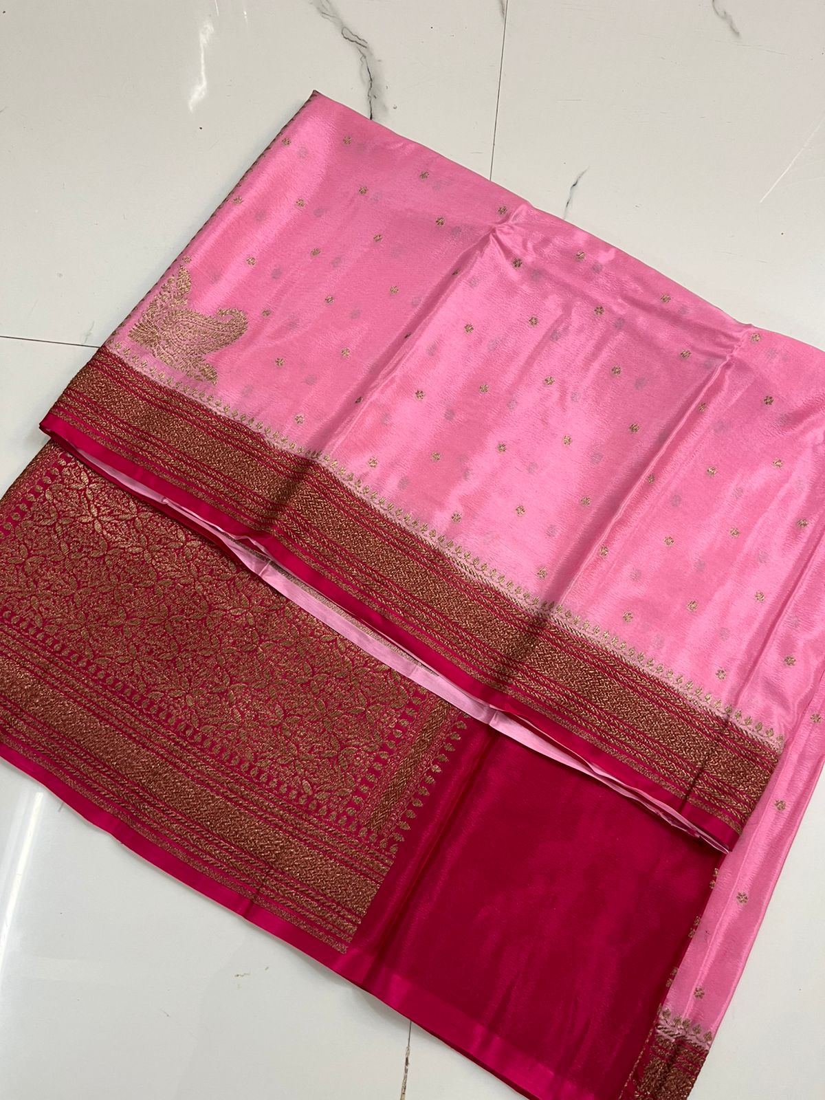 Baby Pink N Pink Koniya Banarasi Pure Crepe Chiffon Saree