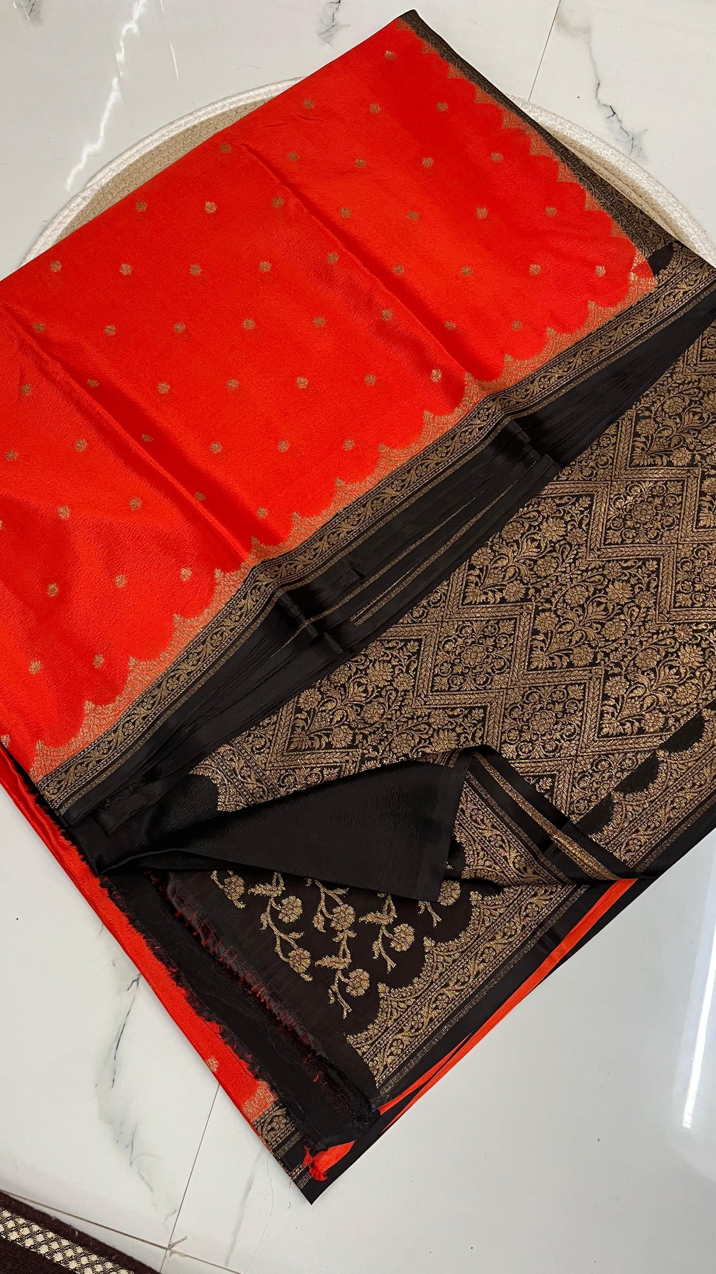 Orange N Black Scallop Koniya Banarasi Pure Crepe Chiffon Saree