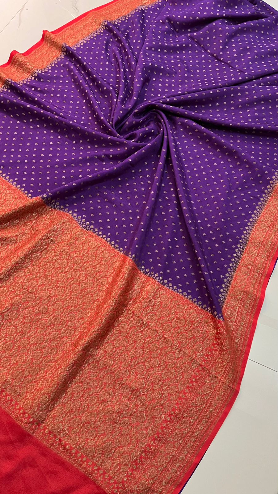 Purple N Red Butta Banarasi Pure Crepe Chiffon Saree