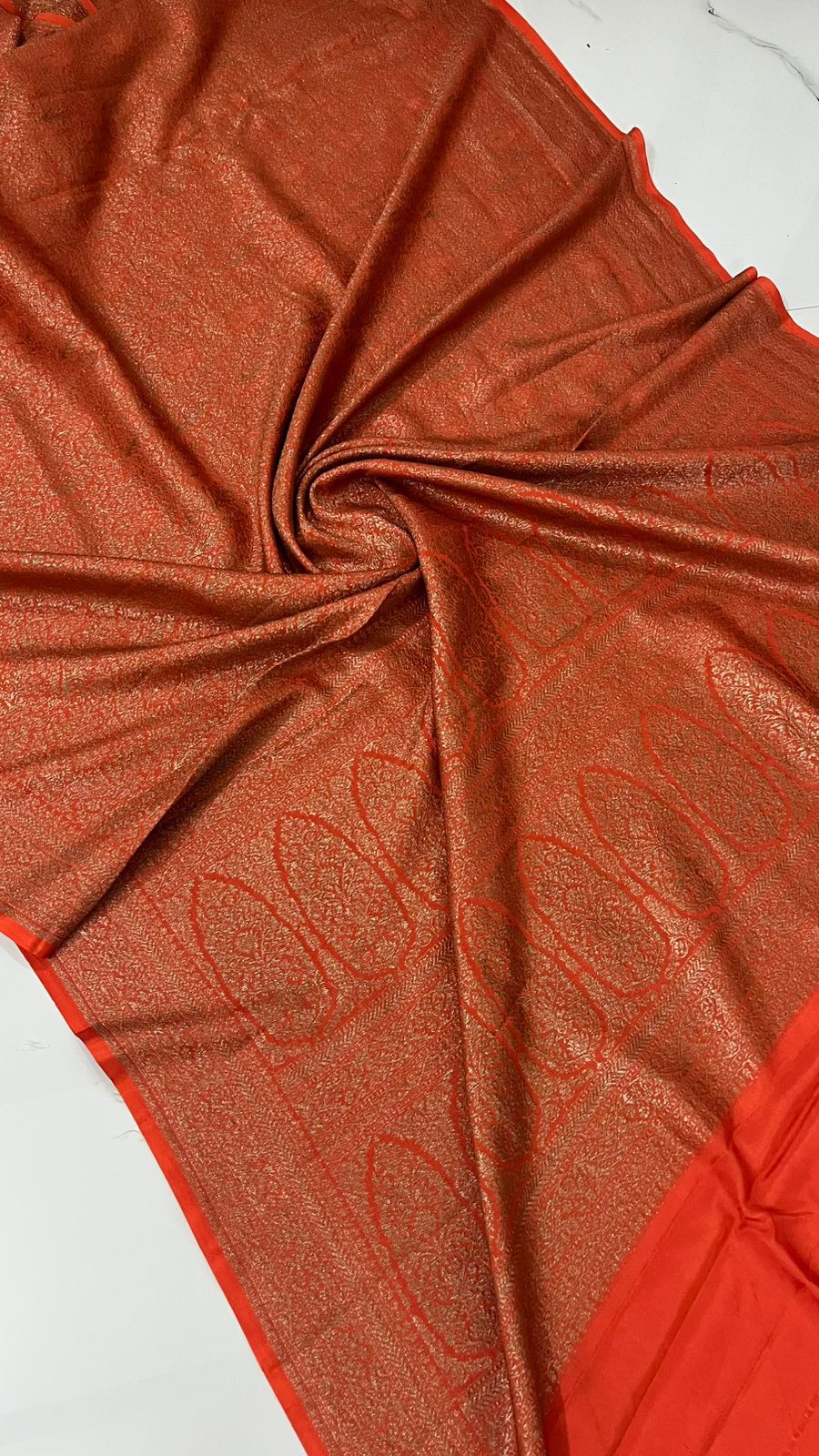 Orange Brocade Banarasi Pure Crepe Chiffon Saree