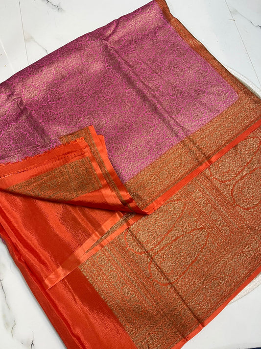 Pink N Orange Brocade Banarasi Pure Crepe Chiffon Saree