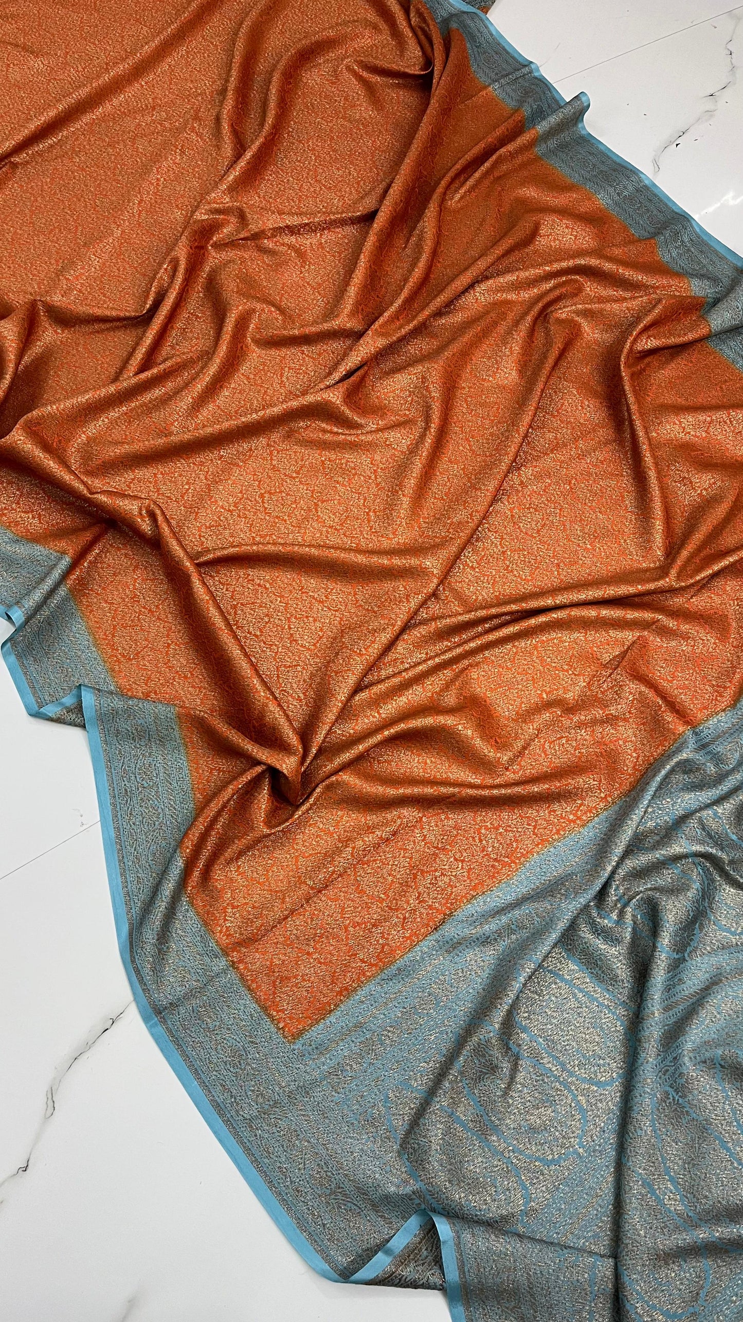 Orange N Blue Brocade Banarasi Pure Crepe Chiffon Saree