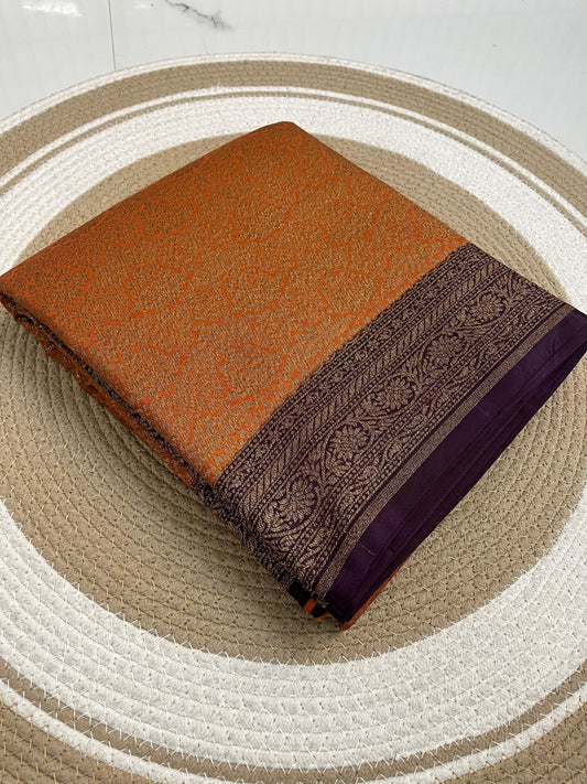 Orange N Brown Brocade Banarasi Pure Crepe Chiffon Saree