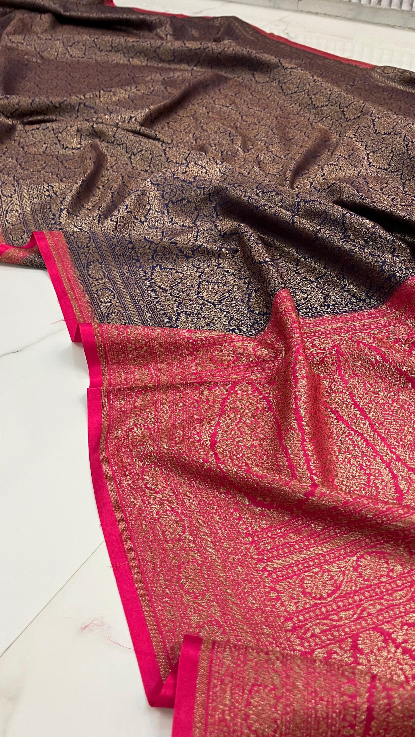 Navy Blue N Pink Brocade Banarasi Pure Crepe Chiffon Saree