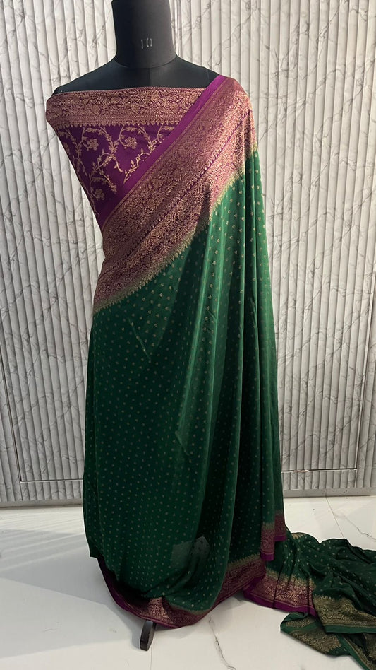 Green N Purple Butta Banarasi Pure Crepe Chiffon Saree