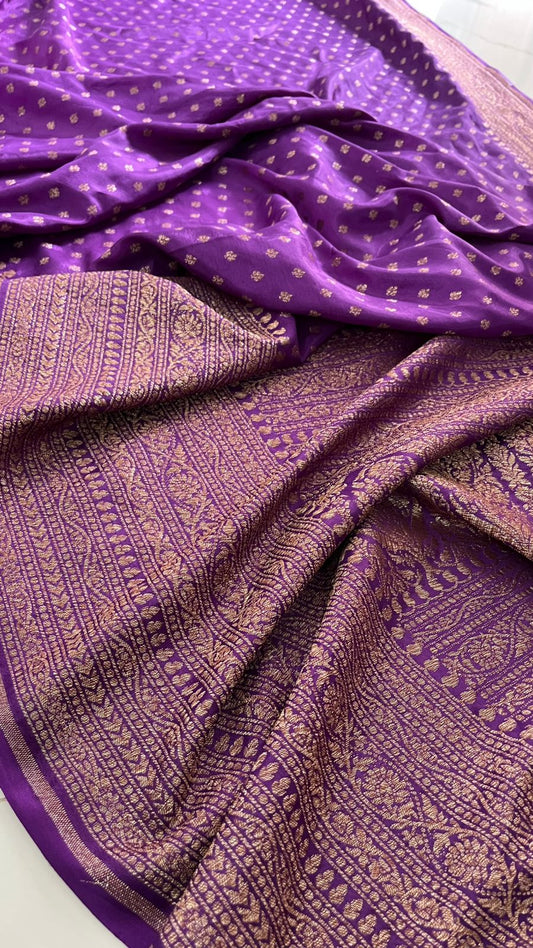Purple N Pink Butta Banarasi Pure Crepe Chiffon Saree