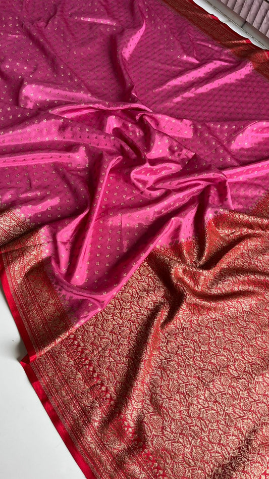 Pink N Red Butta Banarasi Pure Crepe Chiffon Saree