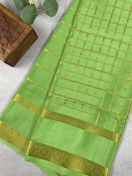 Green Checks N Stripes Pure Mysore Crepe Silk Saree