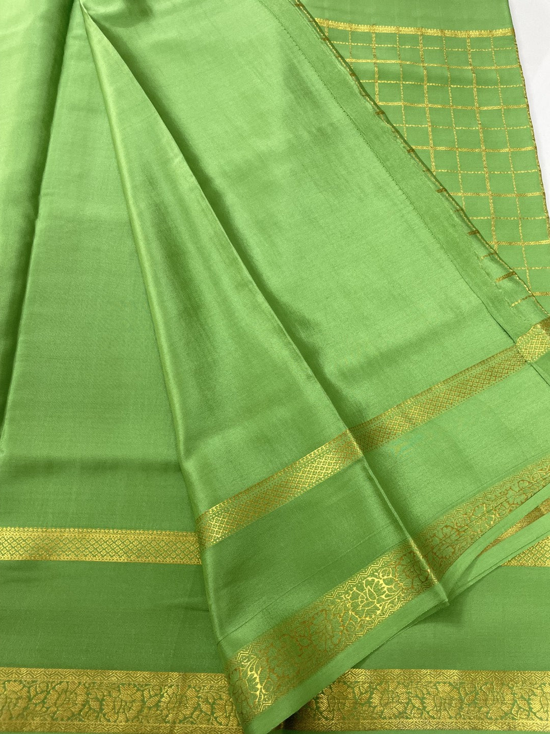 Green Checks N Stripes Pure Mysore Crepe Silk Saree