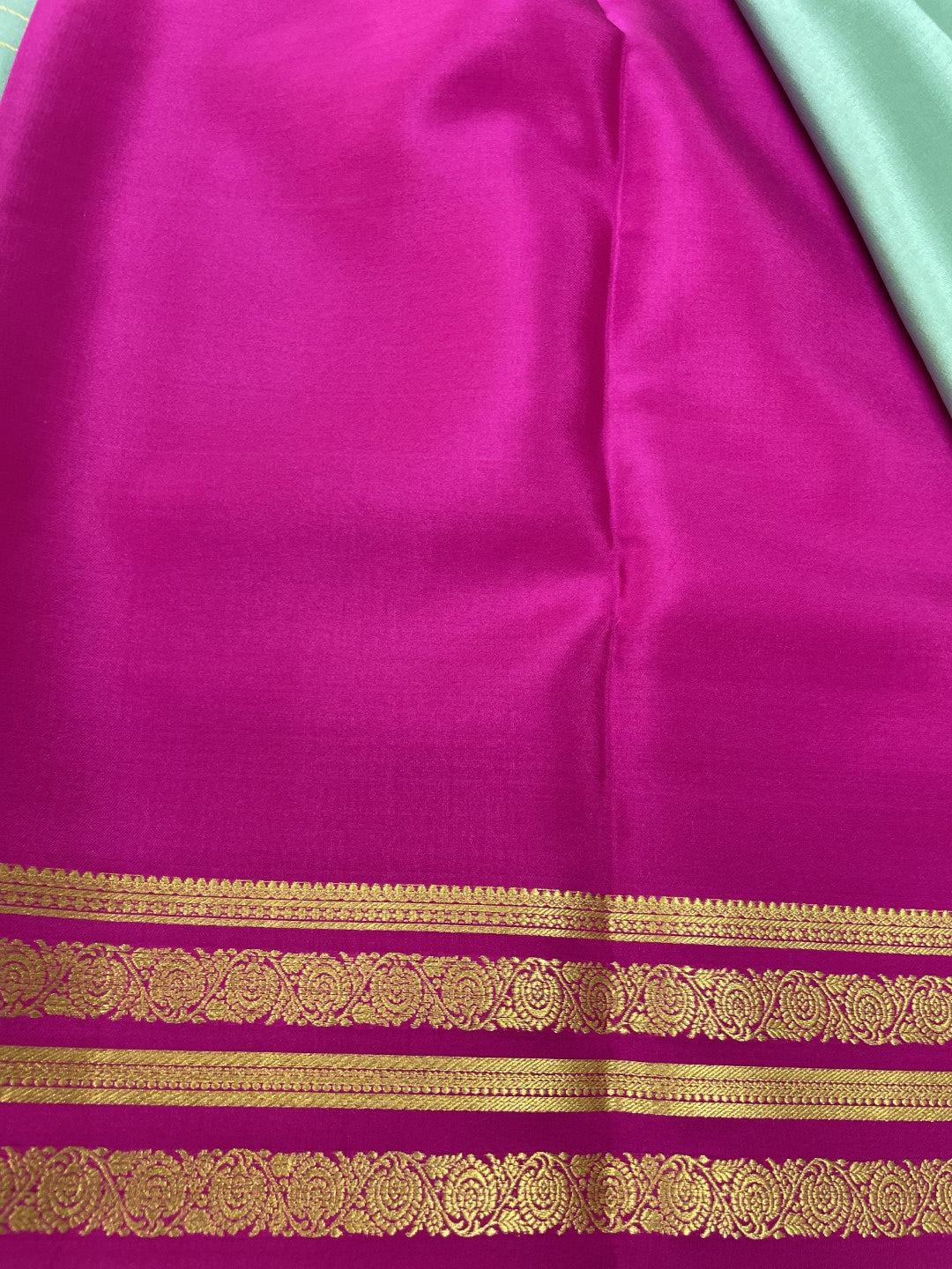Pista Green N Magenta Pink Pure Mysore Crepe Silk Saree